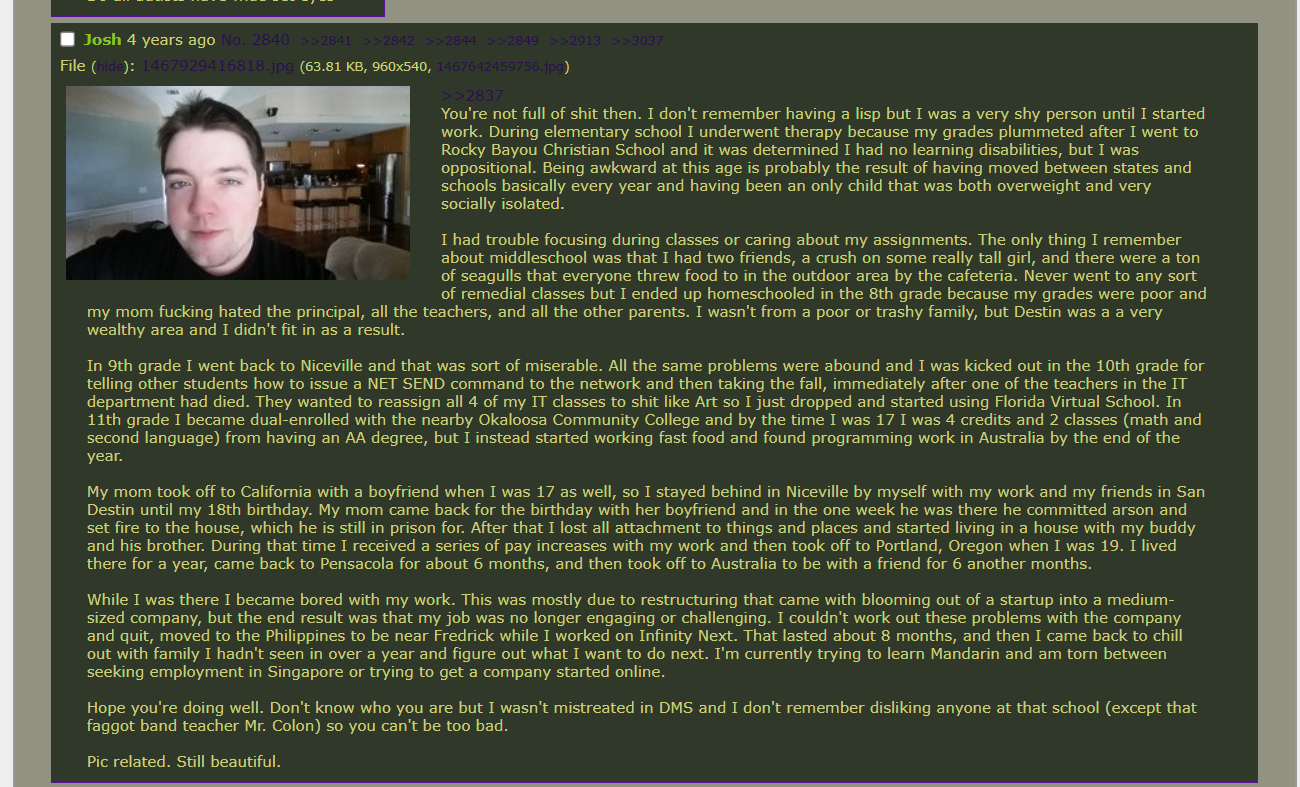 Josh enters the thread after someone says they went to school with him and gives background lore.png