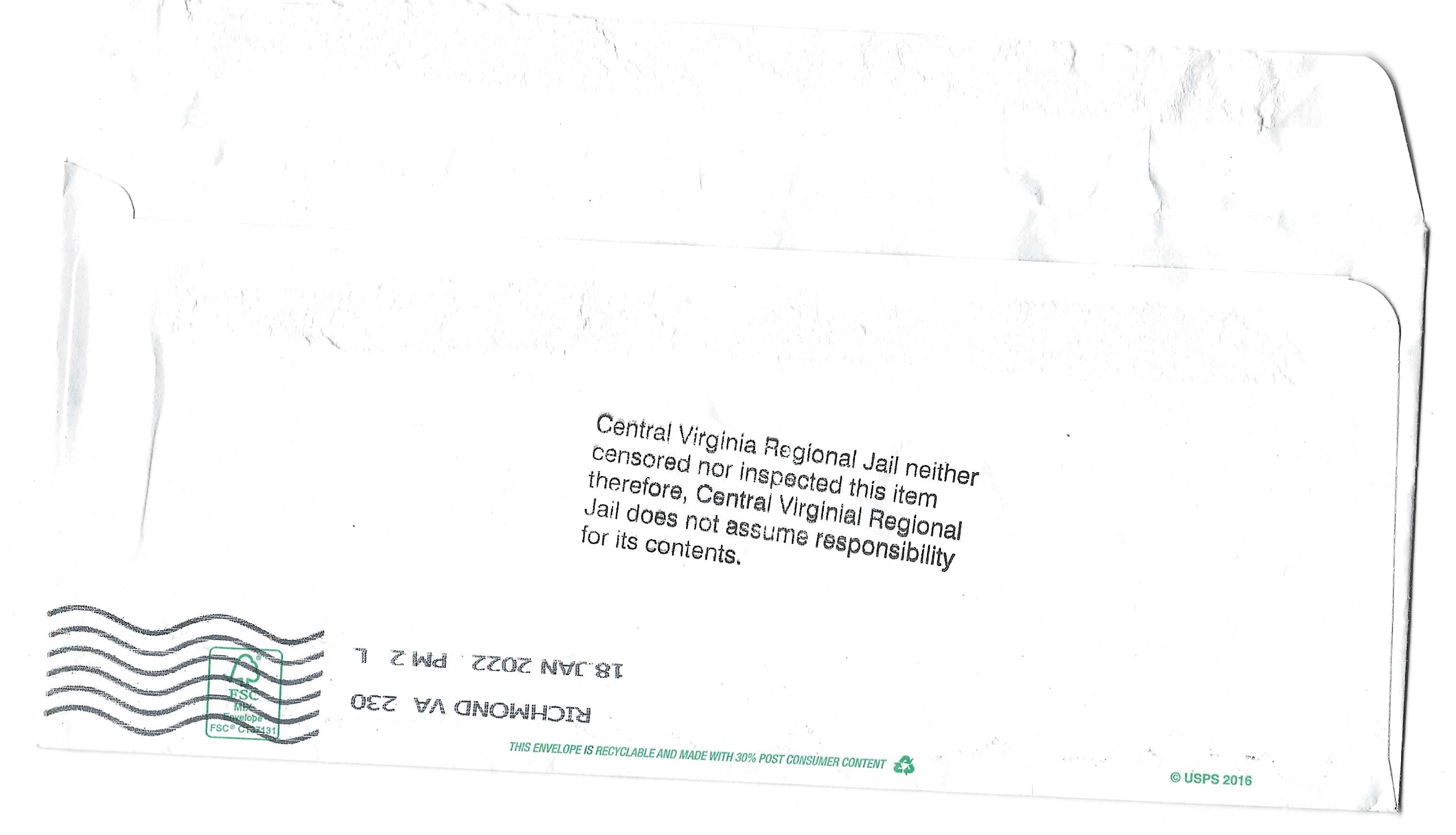 Letter Received tonight January 24, 2022 Envelope back.jpg