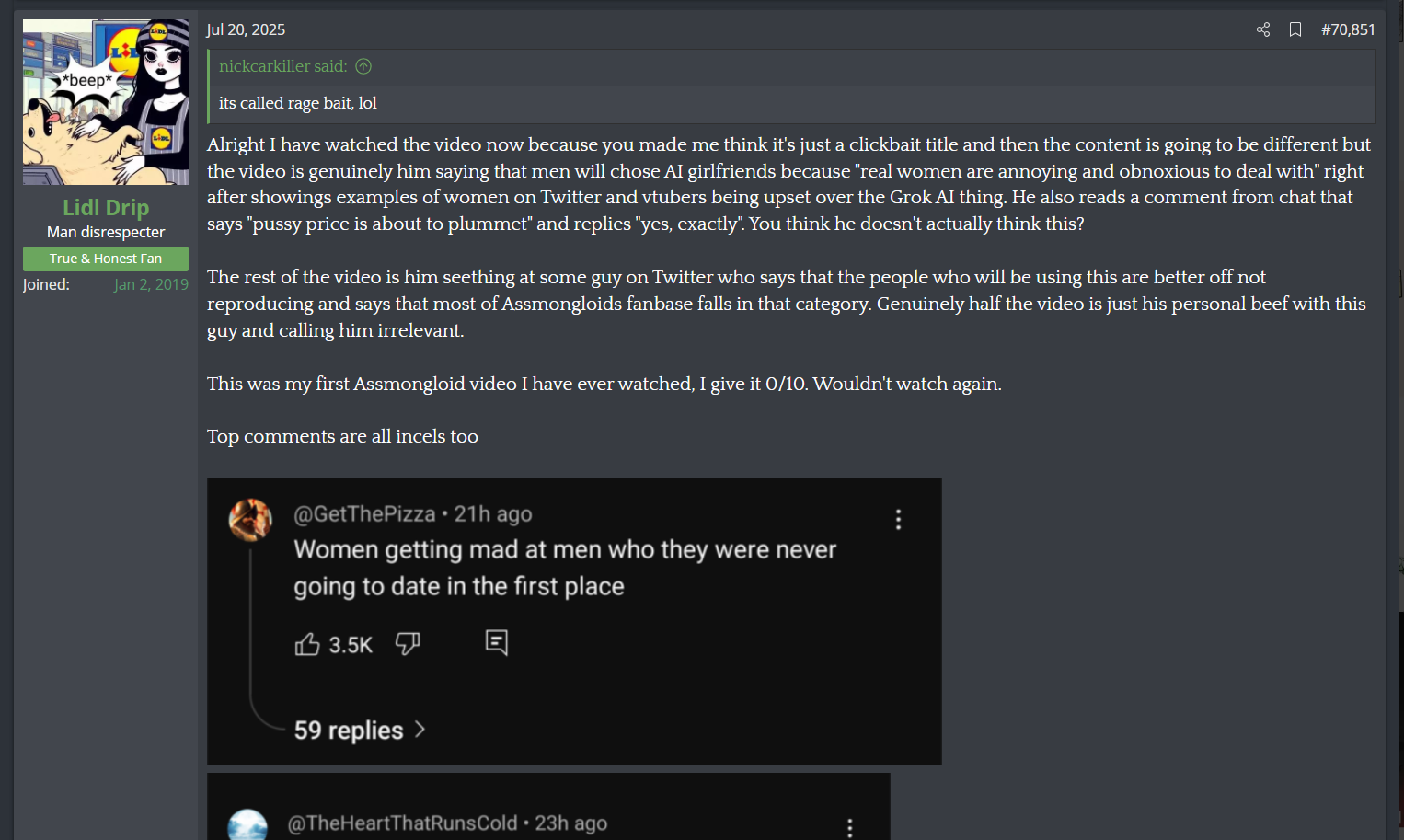Lidl Drip doesn't like Asmongold and hates the incels in his audience, just like Josh hates th...png